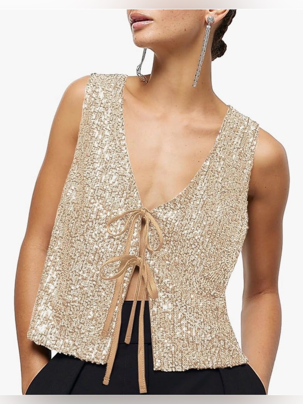 Sequin Tie-Front vest in Champagne